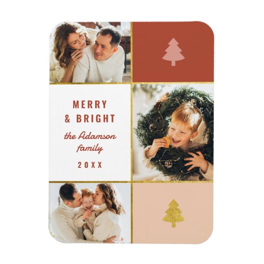 Moderne Pastel & Goud 3 Fotocollage Kerstmis Magneet (Verticaal)