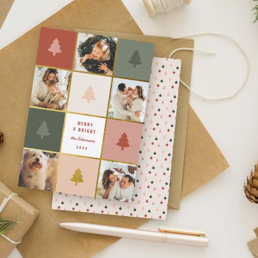 Moderne Pastel & Gouden Kerstboom Fotocollage Feestdagenkaart