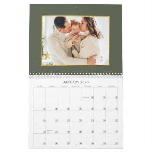 Moderne Pastel & Gouden Kerstboom Fotocollage Kalender (Jan 2026)