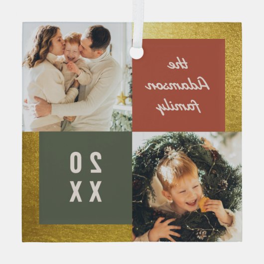 Moderne Pastel & Gouden Kerstmis 2 Fotocollage Glas Ornament (Achterkant)