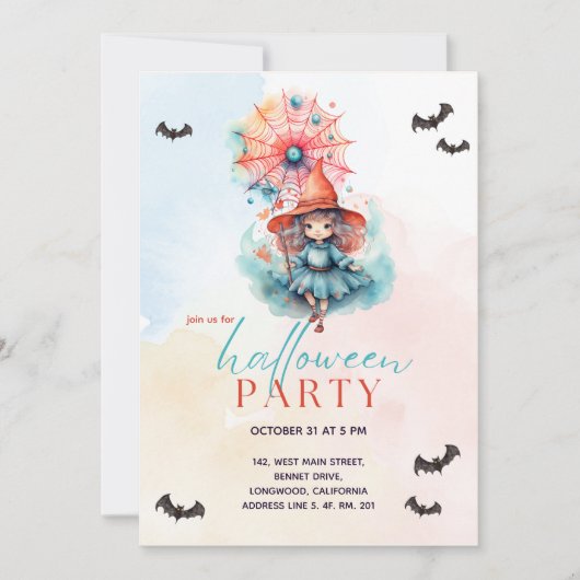 Moderne pastel kleurrijke roze heks Halloween Part Kaart (Voorkant)