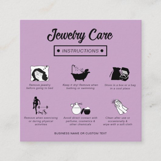 Moderne pastel Lila sieraden verzorgingsgids minim Informatiekaartje (Voorkant)
