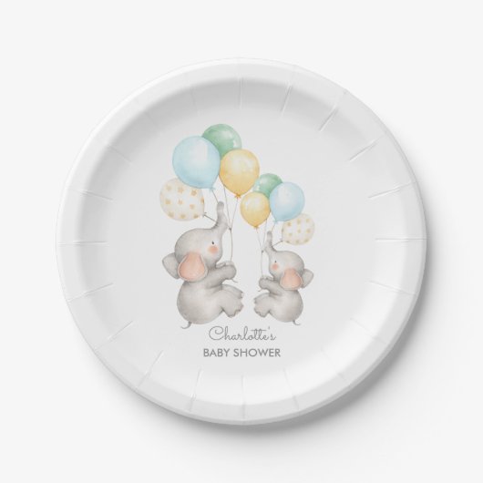 Moderne pastel olifant Baby shower 7" Bord (Voorkant)