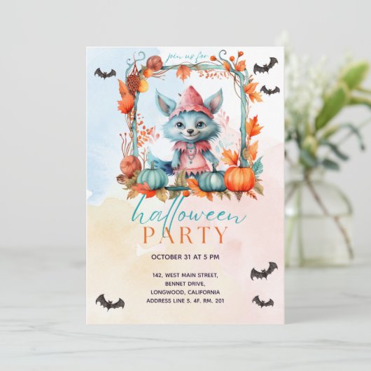 Moderne Pastel Pompoen Patch Fox Halloween Party Kaart (Staand voorkant)