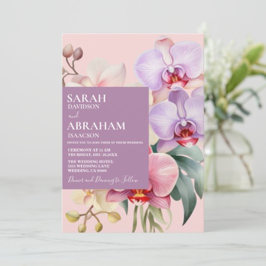 Moderne Pastel Rainbow Orchids bruiloft uitnodigin Kaart (Staand voorkant)