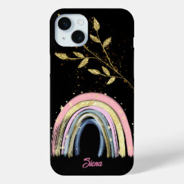Moderne Pastel Regenboog en Goud Bladeren Custom N iPhone 15 Mini Hoesje