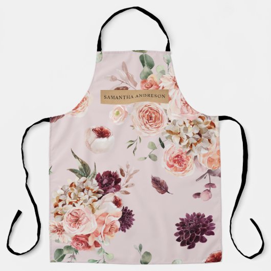 Moderne Pastel Roze Bloemen & Kraft gepersonalisee Schort (Voorkant)