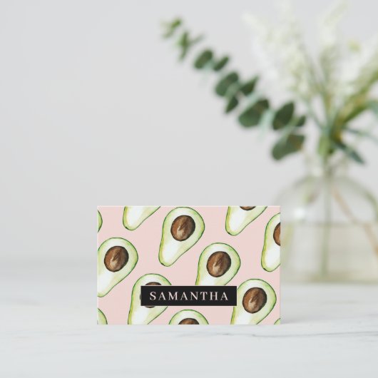 Moderne pastel roze en groene avocado patroon busi visitekaartje (Staand voorkant)