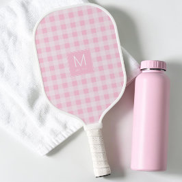 Moderne Pastel Roze Gingham Monogram Vastgesteld Pickleball Paddle