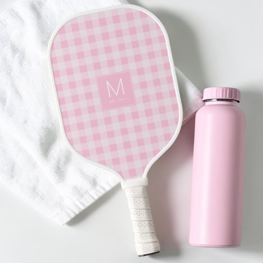 Moderne Pastel Roze Gingham Monogram Vastgesteld Pickleball Paddle
