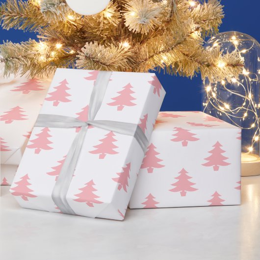 Moderne pastel roze kerstbomen cadeaupapier (Feestdagen)