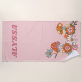 Moderne Pastel Roze Retro Paddenstoelen en Bloemen Strandlaken (Voorkant)
