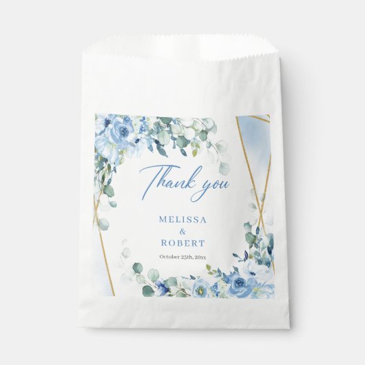 Moderne pastelblauwe bloemen eucalyptus goud lijst bedankzakje (Voorkant)