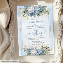 Moderne pastelblauwe gouden bloemen trouwkaart