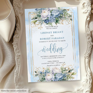 Moderne pastelblauwe gouden bloemen trouwkaart kaart