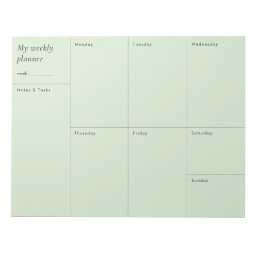 Moderne pastelgroene minimalistische weekplanner notitieblok (Voorkant)