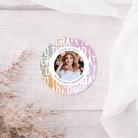 Moderne pastelroze fotograduatie-partij ronde sticker