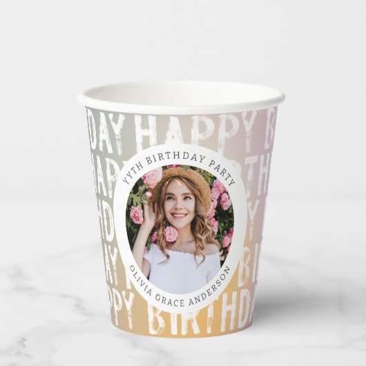 Moderne pastelroze fotoverjaarfeest papieren bekers (Voorkant)