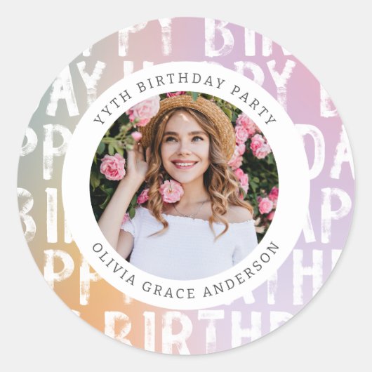 Moderne pastelroze fotoverjaarfeest ronde sticker (Voorkant)