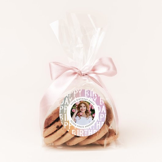 Moderne pastelroze fotoverjaarfeest ronde sticker