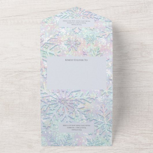 Moderne Pastels Sneeuwvlok QR Code All In One Uitnodiging (Buitenkant)