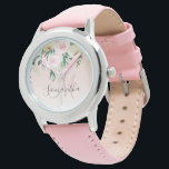 Moderne pastroze en bloemen met naam horloge<br><div class="desc">Moderne pastroze en bloemen met naam</div>