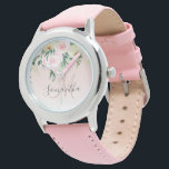 Moderne pastroze en bloemen met naam horloge<br><div class="desc">Moderne pastroze en bloemen met naam</div>