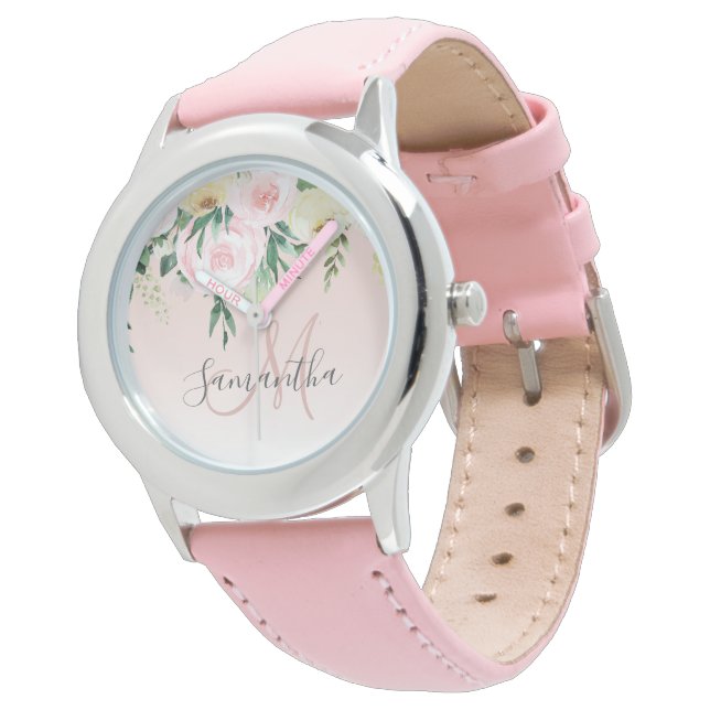 Moderne pastroze en bloemen met naam horloge (Gekanteld)