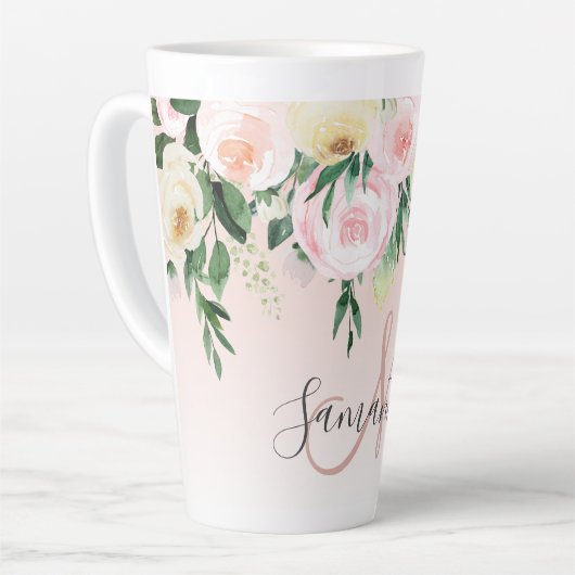 Moderne pastroze en bloemen met naam latte mok (Linkerhoek)