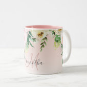 Moderne pastroze en bloemen met naam tweekleurige koffiemok (Voorkant rechts)