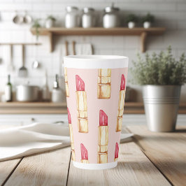 Moderne pastroze en rode lipstick, meisje latte mok