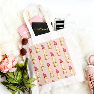 Moderne pastroze en rode lipstick, meisje tote bag