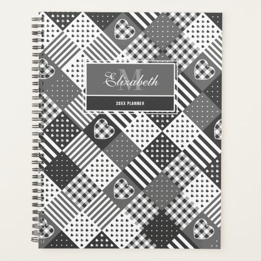 Moderne patchwork quilt gingham zwart-wit planner (Voorkant)