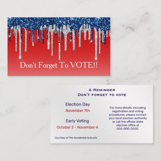 Moderne Patriottische Glitter Drip Stemherinnering Visitekaartje (Voorkant / Achterkant)