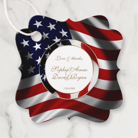 Moderne patriottische legant USA Flag Gold Wedding Bedankjes Labels (Voorkant)