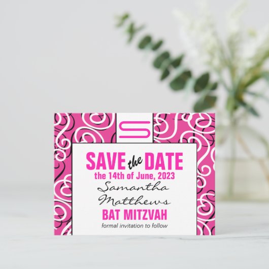 Moderne patroonmonogram baat Mitzvah sparen de dat Aankondigingskaart (Staand voorkant)