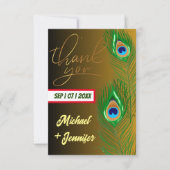 Moderne pauwenveer gouden zwarte aangepaste bruilo bedankkaart (Voorkant)