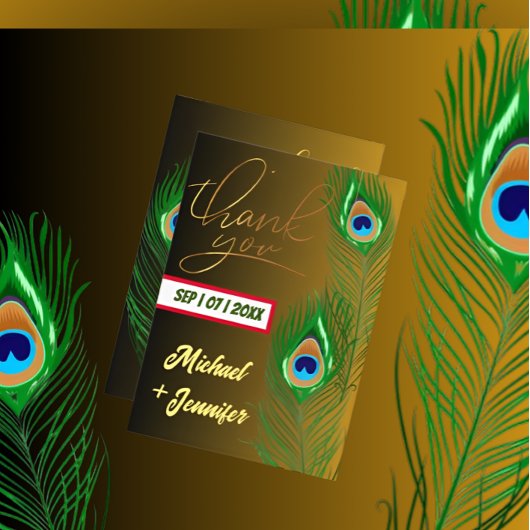 Moderne pauwenveer gouden zwarte aangepaste bruilo bedankkaart