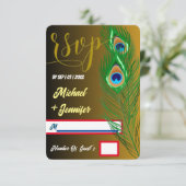 Moderne pauwenveer gouden zwarte aangepaste bruilo RSVP kaartje (Staand voorkant)