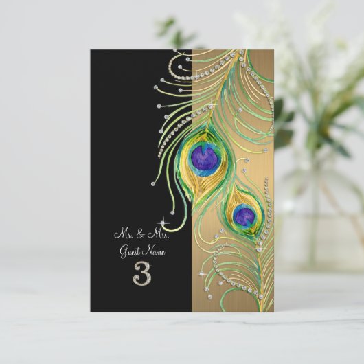 Moderne pauwenveren Faux Jewel Place Kaarten (Staand voorkant)