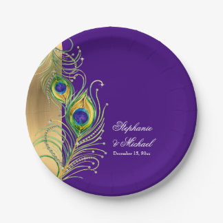 Moderne pauwenveren Faux Jewel Scroll Bruiloften Papieren Bordje
