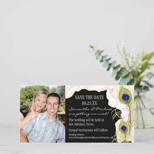 Moderne Pauwenveren Nep Lint Damast Krul Save The Date (Staand voorkant)