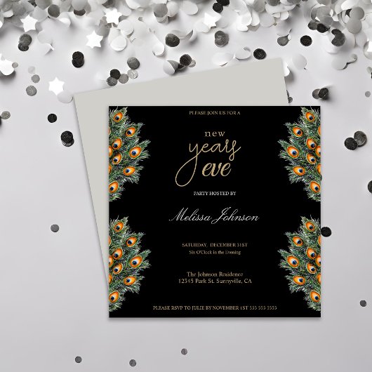 Moderne pauwenveren oudejaarsavond feest kaart