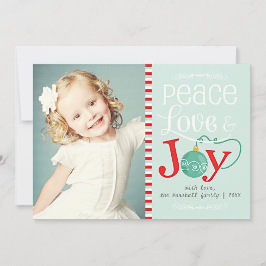 Moderne Peace Love & Joy-kerstfoto Feestdagenkaart (Voorkant)