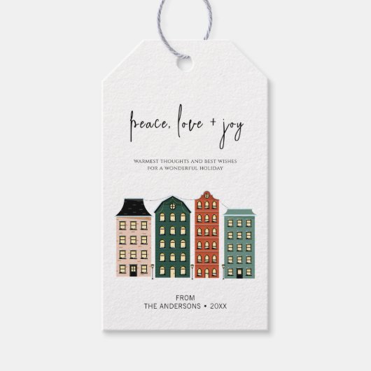 Moderne Peace Love & Joy-kerststad Cadeaulabel (Voorkant)