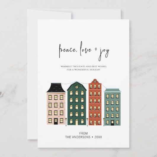 Moderne Peace Love & Joy-kerststad Feestdagenkaart (Voorkant)