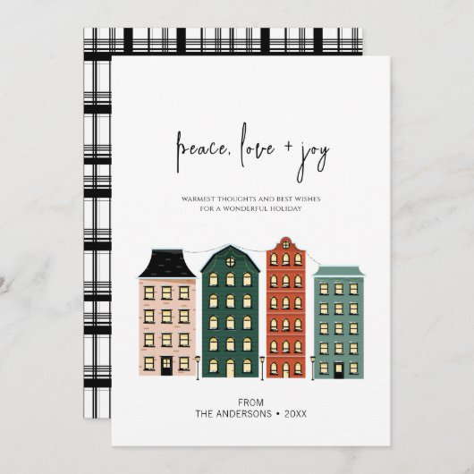 Moderne Peace Love & Joy-kerststad Feestdagenkaart (Voorkant / Achterkant)