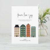 Moderne Peace Love & Joy-kerststad Feestdagenkaart (Staand voorkant)