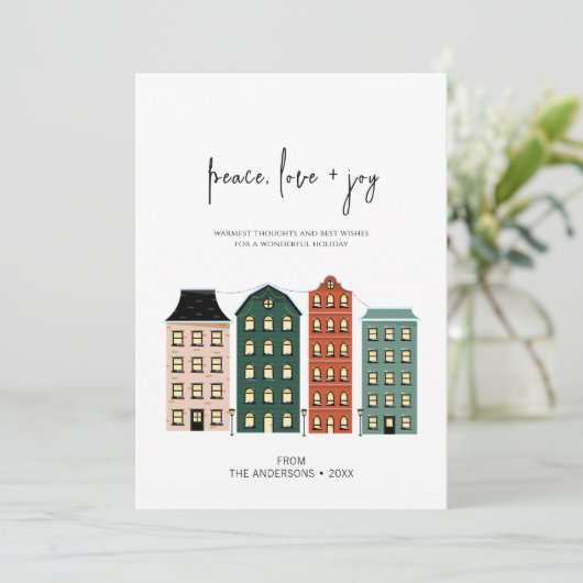 Moderne Peace Love & Joy-kerststad Feestdagenkaart (Staand voorkant)