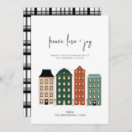 Moderne Peace Love & Joy-kerststad Feestdagenkaart